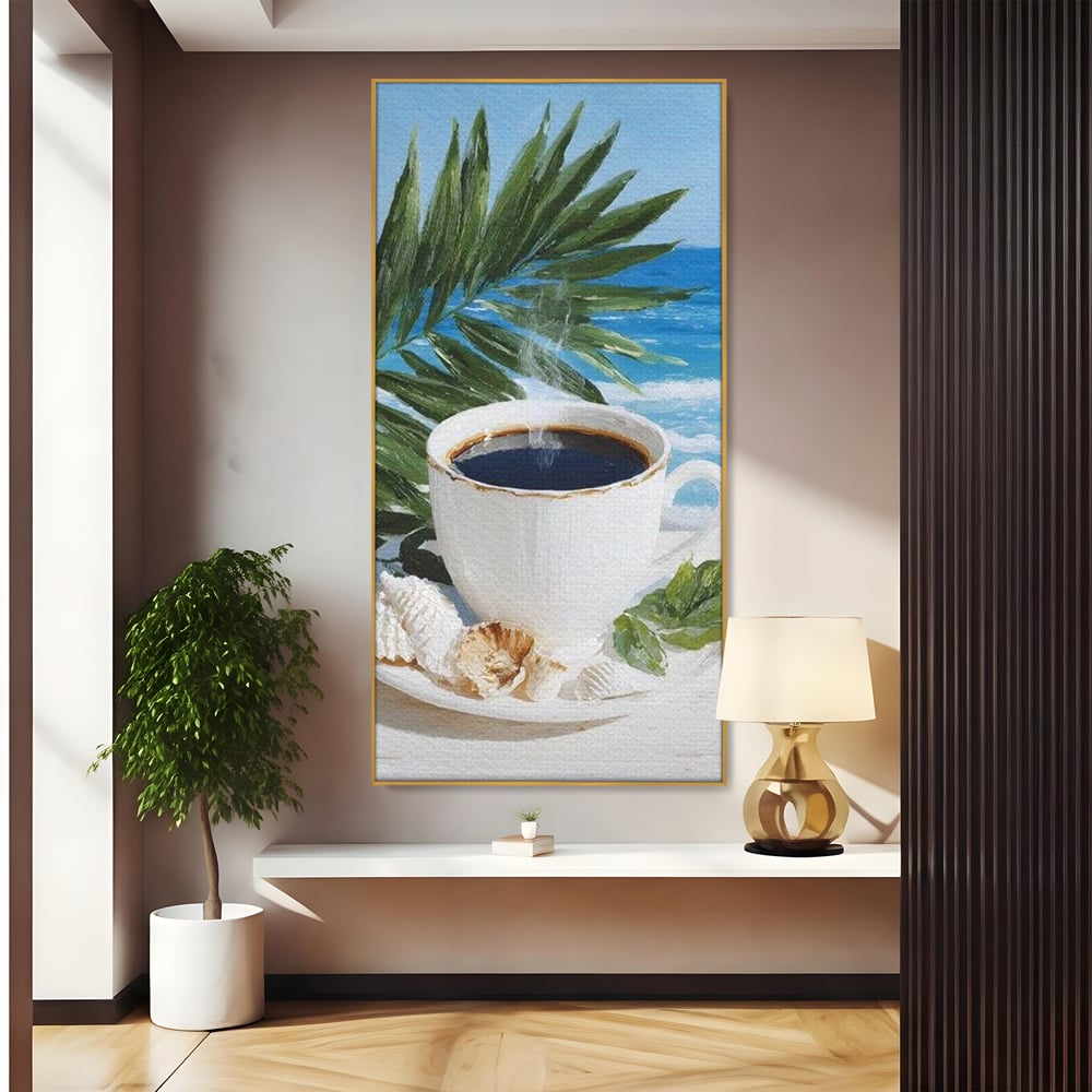 Tablou canvas cu tablou canvas cu ceasca de cafea pe plaja, in rama de aluminiu auriu